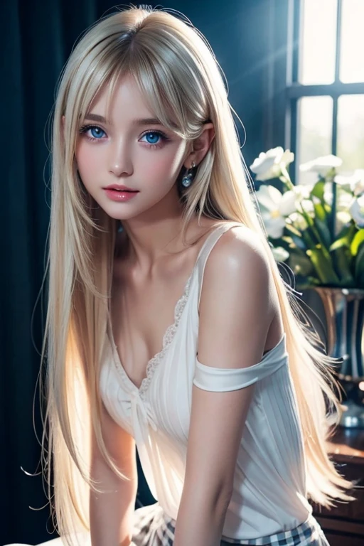 Highest quality, masterpiece, Realistic:1.3,,blonde、blue eyes:1.5,Lace dress,Small breasts,Look forward:1.5, (Front view:1.5), Close-up shot from behind, background, Cute Japanese Girls,looking at viewer,looking up,front view:1.5,Detailed beautiful eyes:1.5,Sexy Dress,Brand Design,Online Shop