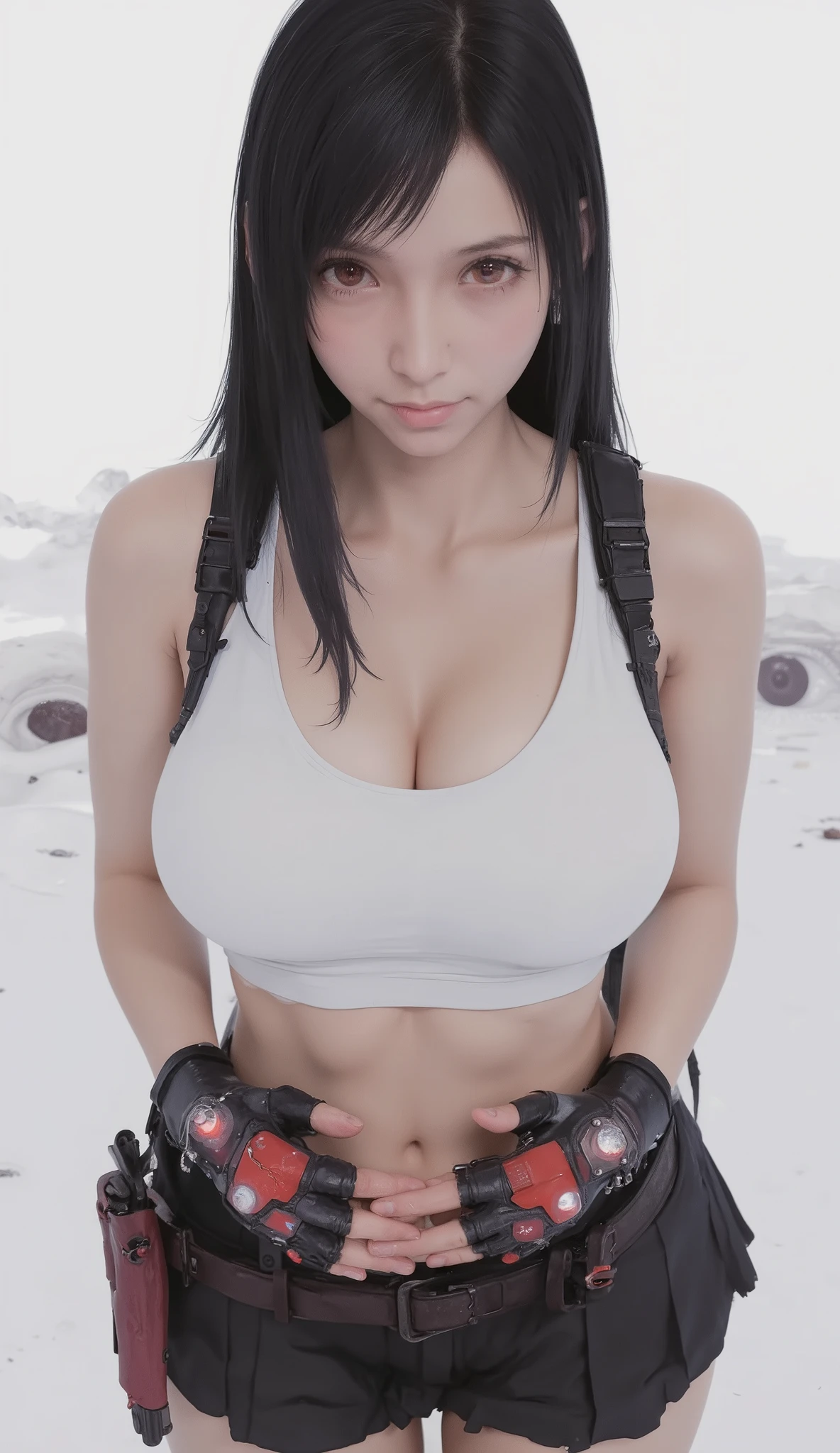 taken from above、Wide Angle Lens、long straight hair, white sports bra, Black Pleated Miniskirt, Red and black fingerless gloves, background with bags under eyes , red combat boots,very big breasts、 pose putting hands on stomach ,emphasizes her chest、Indoor studio, white background、Neutral Lighting, Direct overhead light minimizes shadows, cosplay-style focused atmosphere, front view, enhances subject focus with a shallow depth of field, balanced exposure