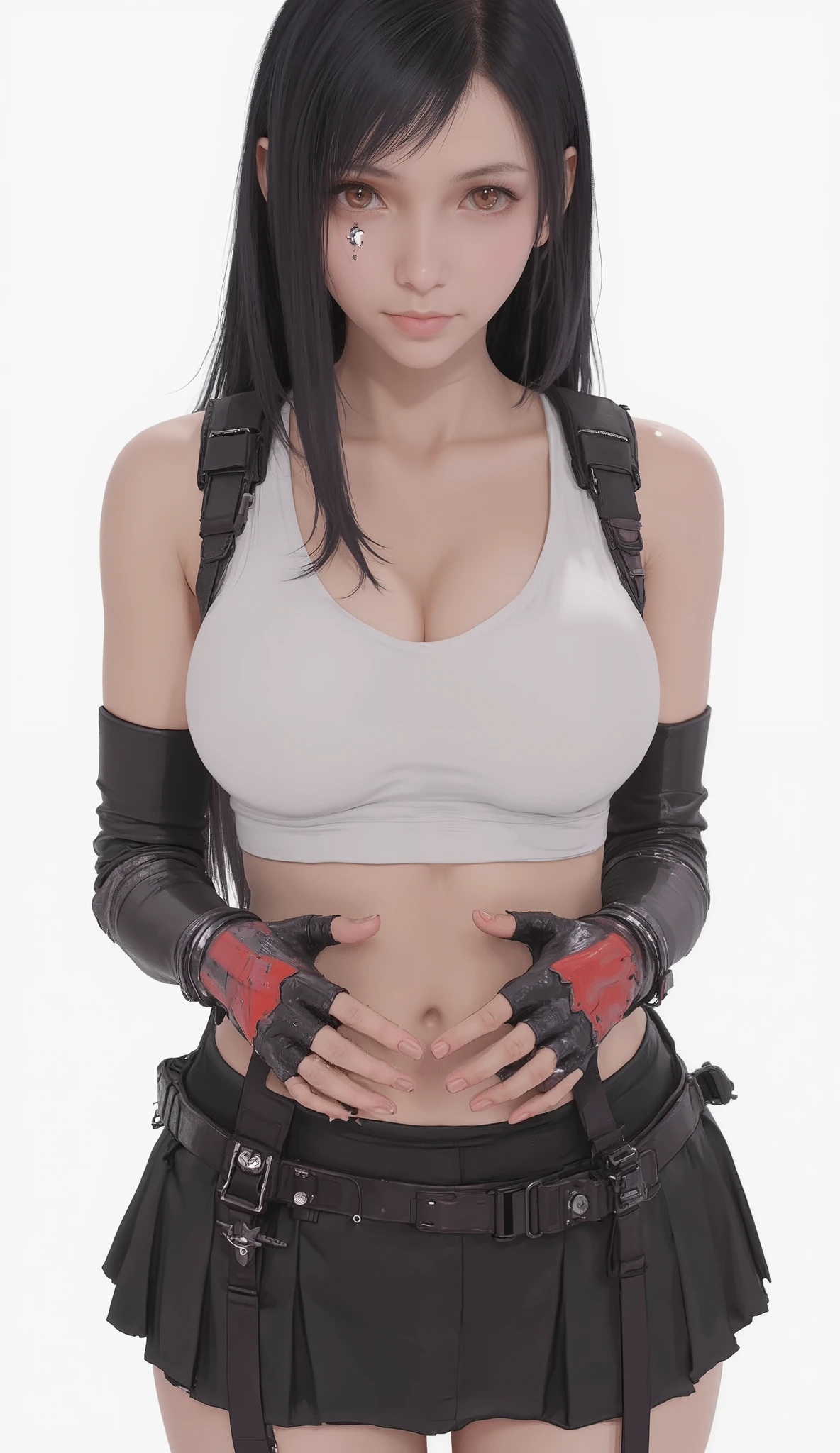 taken from above、Wide Angle Lens、long straight hair, white sports bra, Black Pleated Miniskirt, Red and black fingerless gloves, background with bags under eyes , red combat boots,very big breasts、 pose putting hands on stomach ,emphasizes her chest、Indoor studio, white background、Neutral Lighting, Direct overhead light minimizes shadows, cosplay-style focused atmosphere, front view, Enhances subject focus with shallow depth of field, balanced exposure