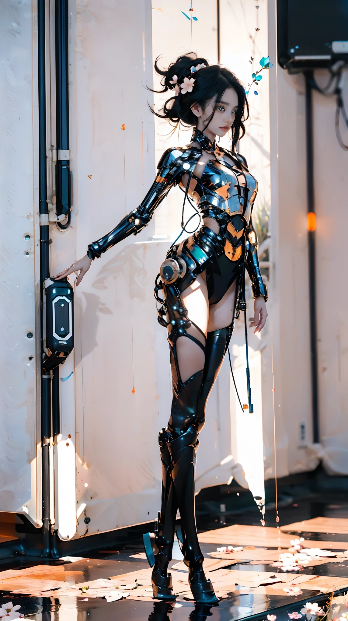 (full body), (from above:1.3) 8k photography full body view (cyborg girl:1.45) in a ((( turtleneck ))). mechanical arms, (thin robotic spine:1.5), standing in water on an island. black orange pink colors, ((runic tattoos)), on a jungle background on a shore. strap leather ((bracelets)), slim, small breasts, bare feet, athletic, women touching foreheads, smile, soft, low light, intricate fabric, delicate fabric, lace, strings , ((skimpy)), athletic, sci-fi, cyborg, face tattoo , ((robotic jaw)), scrapheap, day, bright lights