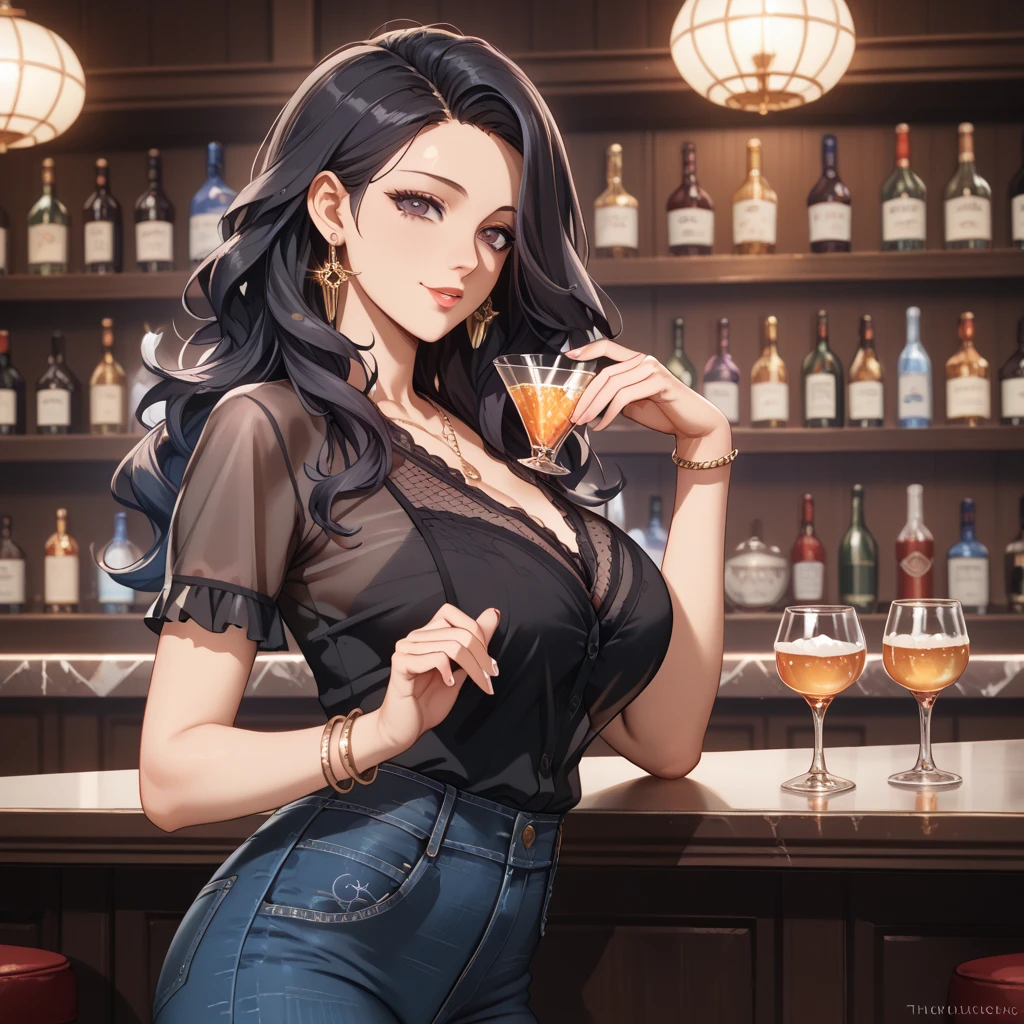 masterpiece), (best quality), (Clear focus), (Depth of Field), (woman): Solitary, (Perfect face), (Detailed clothing), (Busty),(Sad expression), beautiful woman, blue eyes, whole body, black hair, Slightly curly long hair, (Black sexy dress,Penetrate the flesh) (((((Night scene background))))), (((at the bar))), wine, whiskey, High ball,(Shiny and glowing, Effect:1.2),(best quality, 4K, high resolution, masterpiece:1.2, Extremely detailed),Large Breasts,30 years old girl,独奏,black hair,long hair,blue eyes,(drunk,blush),sitting,drinking,((Mature sexy body)),Black stockings,Black tight skirt, Mature sexy body,holding mug,counter,pub,(Fashion bar) indoors, ((Cocktail Glass) Full of colorful wine), (dimly light room), Wine Bottle, Detailed background