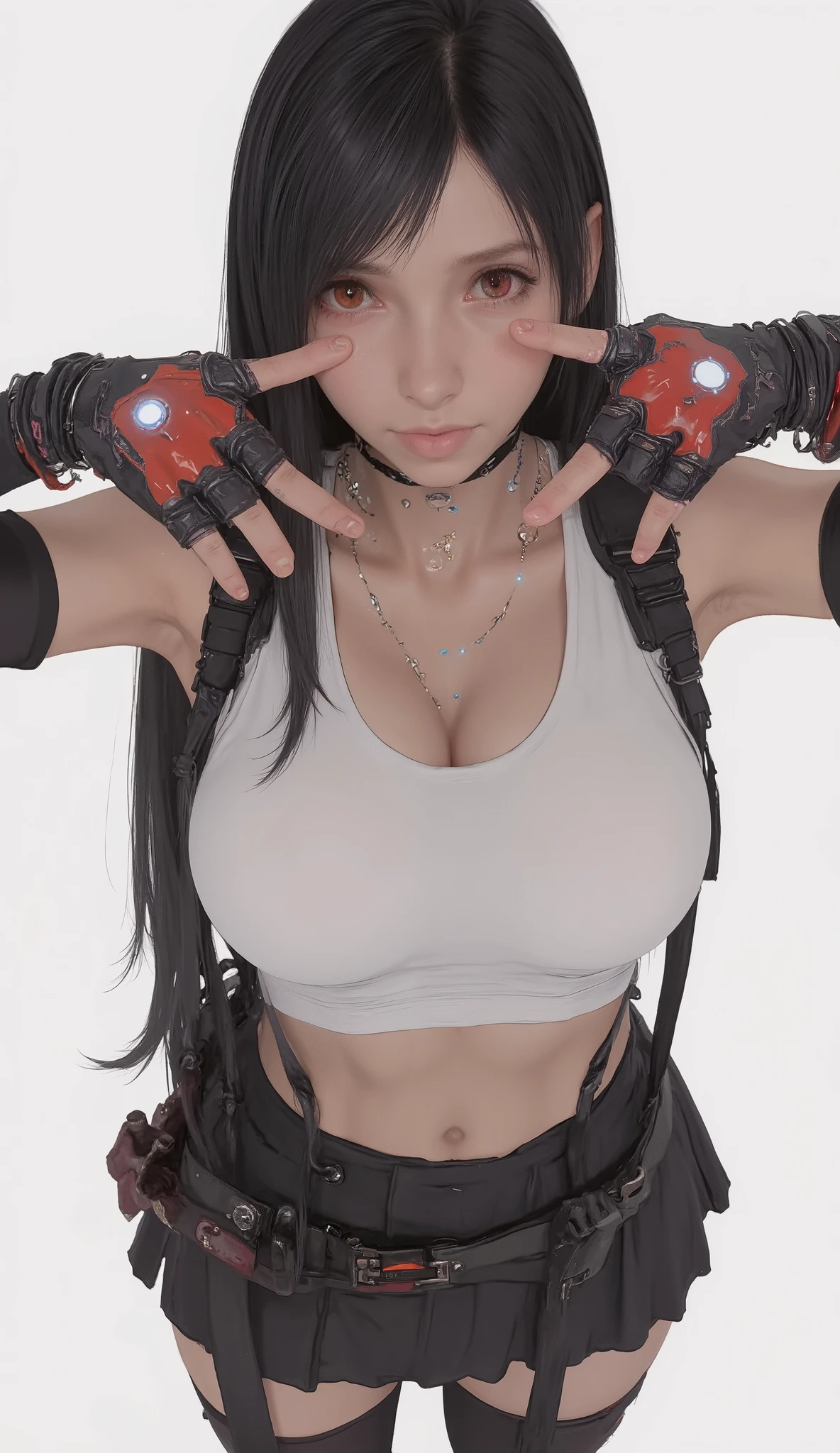 taken from above、fisheye lens、upper body zoom up、long straight hair, white sports bra, Black Pleated Miniskirt, Red and black fingerless gloves,  background with bags under eyes , red combat boots,very big breasts、arm-in-arm pose with fixed seed,emphasizes her chest、Indoor studio, white background、Neutral Lighting, Direct overhead light minimizes shadows, cosplay-style focused atmosphere, front view, enhances subject focus with a shallow depth of field, balanced exposure