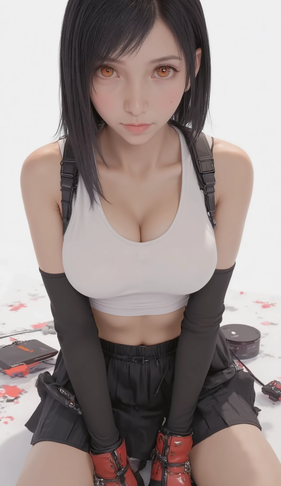 taken from above、fisheye lens、upper body zoom up、short hair, white sports bra, Black Pleated Miniskirt, Red and black fingerless gloves, background with bags under eyes , red combat boots,very big breasts、arm-in-arm pose with fixed seed,emphasizes her chest、 put your knees on the floor、Indoor studio, white background、Neutral Lighting, Direct overhead light minimizes shadows, cosplay-style focused atmosphere, front view, enhances subject focus with a shallow depth of field, balanced exposure