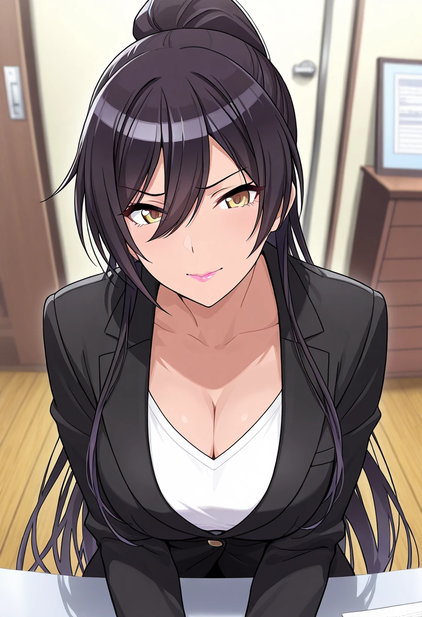 (masterpiece),(best quality),(ultra-detailed),(best illustration),(best shadow),(absurdres),(detailed background),(very aesthetic),Shirase Sakuya, anime screencap, very long hair, black hair, high ponytail, bangs, hair between eyes, yellow eyes, large breasts,mature female, formal,black jacket, white shirts, bouching breaests, Cleavage, office, sitting,1girl, upper body, female focus, solo, make up, pink lips, red cheek, bad mood, small eyes