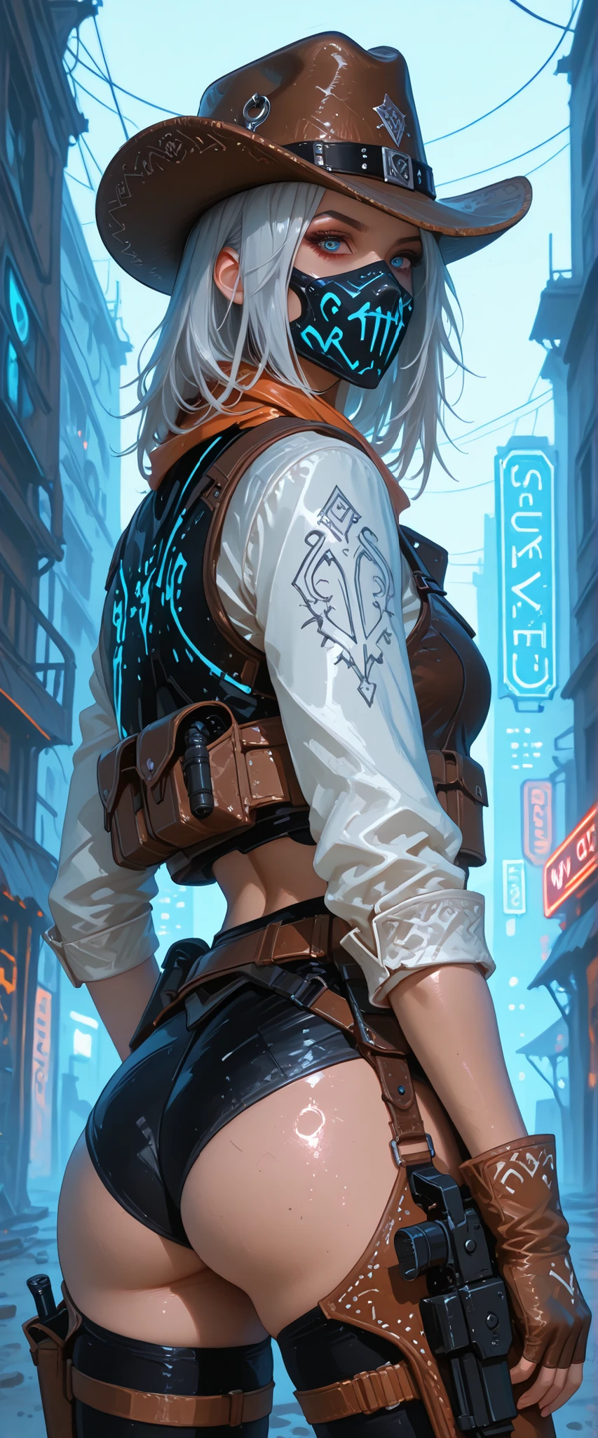 Wild West, A city spun by musical notes, Cyberpunk, silver hair, 1 Girl, Tactical wear, Cowboy Hat, Wearing Mask