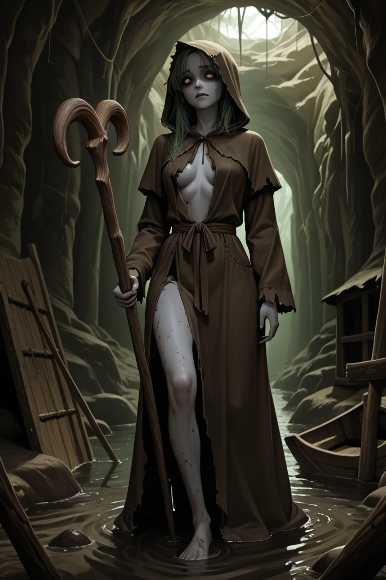 Creepy Girl, wrapped in cloth and rags, she walks through the swamp like a ghost. She has long purple hair, A long hands, eyes full of hatred, wicked smile. She is a complete monster and no one can stop this horror. She is wickedly naked exposing her skin. Her naked nipples are hard and pointy, her pussy is exposed, hairy pussy leaking cum, long legs, pointy shoes,The swamp is immersed in fog and haze, and the girl hides in the fog to strangle and devour the next victim; The girl's eyes are clear, Red, Expressive, they radiate hatred. High-quality photo, foto realista, 8k, Cinematic quality