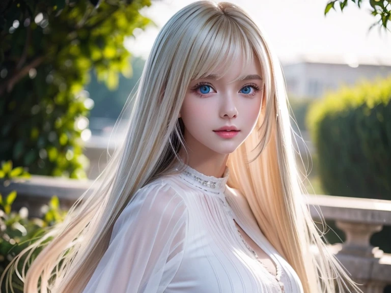 highest quality、8K Masterpiece、ultra high resolution、(photorealistic:1.3)、Raw photo、1 blonde girl、silvery hair、Glossy skin、1 Cyberpunk Super Beautiful Soldier、((Super realistic details))、Portrait、global illumination、Very beautiful, bright and shining light blue eyes that are huge、very big eyes、shadow area、octane rendering、8K、ultra sharp、beautiful breasts、The bare skin of the cleavage is exposed、Metal、cold color、、very intricate details、realistic light、CGSoation Trend beautiful eyes、Eyes shining towards the camera、neon details、small face beauty、Bright and beautiful skin that shines pure white、cheek highlights、long bangs between the eyes,