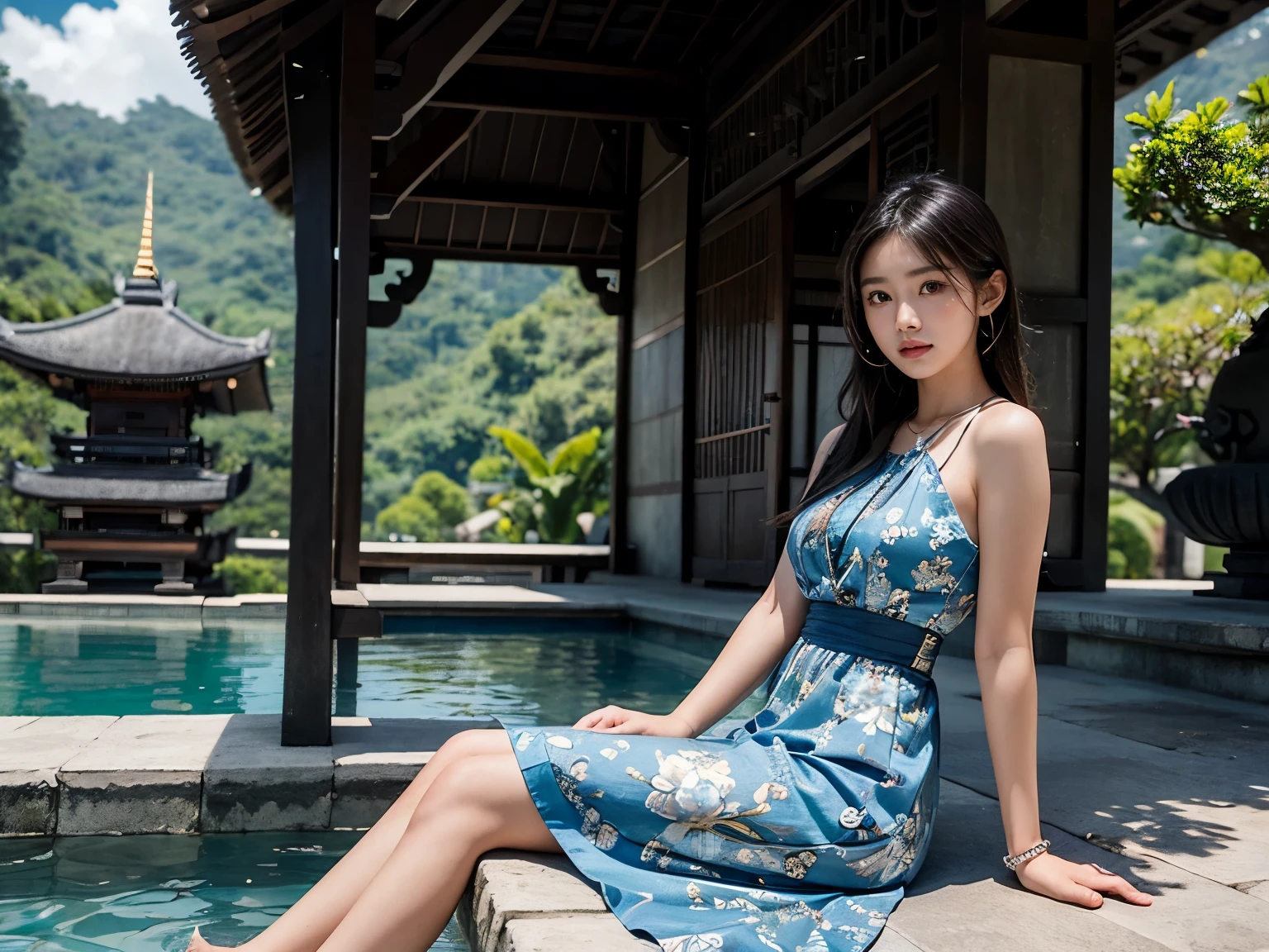 Araped woman standing on balcony wearing blue dress, There is a palm tree in the back., back, wearing a blue dress, Wearing a dress made of water, low quality video, wearing a hawaiian dress, next to tropical swimming pool, looking at the viewer, (looking_back),