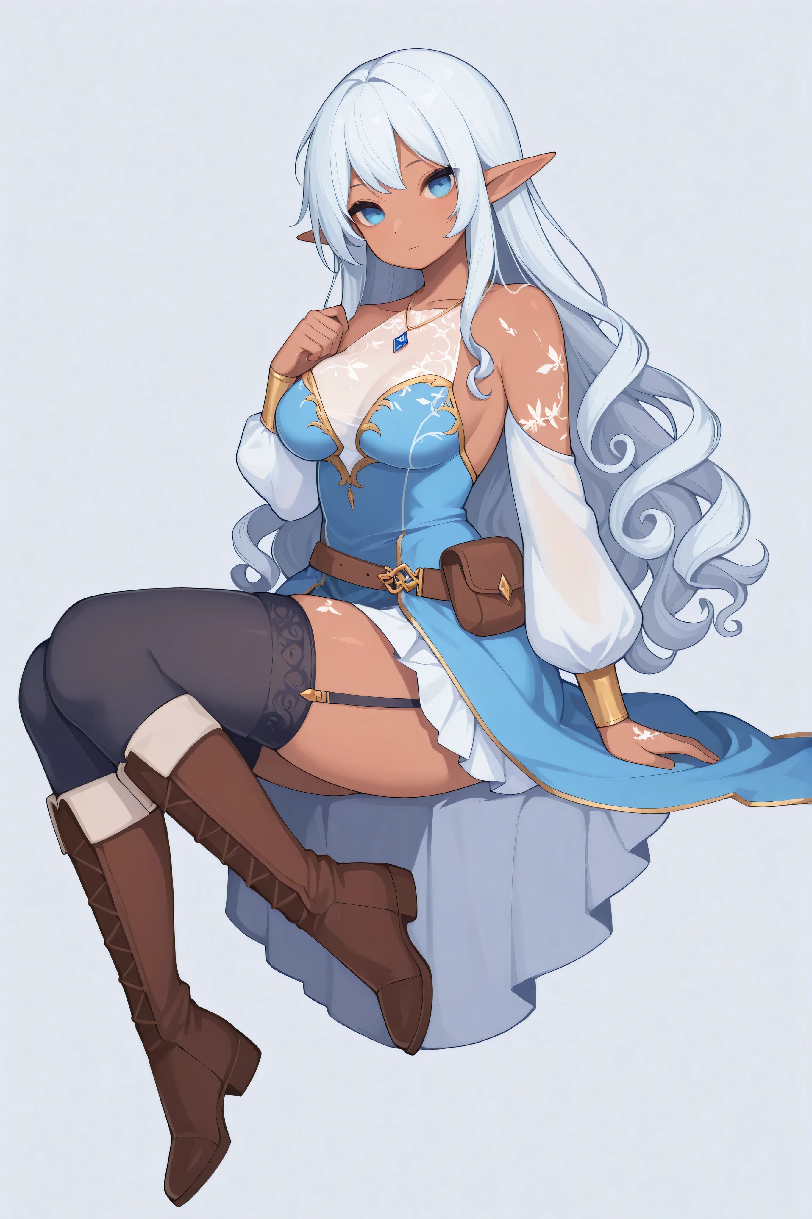 1girl, long hair, medium breasts, timidly looking at viewer, simple background, black thighhighs, long sleeves, white royal elf dress, skirt, dress skirt, bare shoulders, covered breasts, jewelry, pale blue eyes, collarbone, full body, white hair, boots, detatched sleeves, pointy ears, belt, necklace, garter straps, knee boots, pouch, brown belt, curly hair, big thighs, looking over shoulder, laying on the ground, sleeping, closed eyes, young, dark tanned skin, tanned white skin, burn bruises on skin