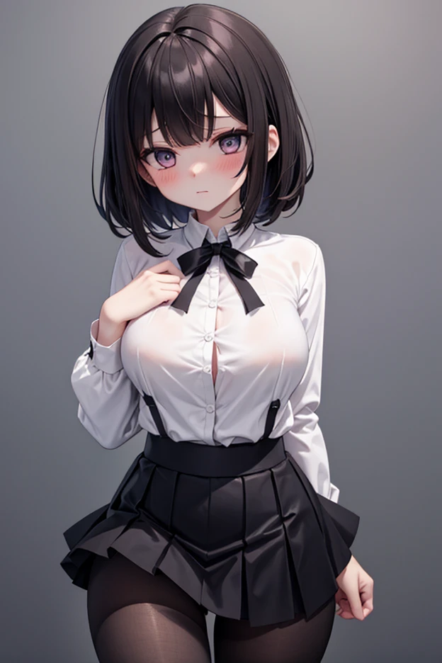 Girl with black hair wearing only a skirt showing her breasts and nipples