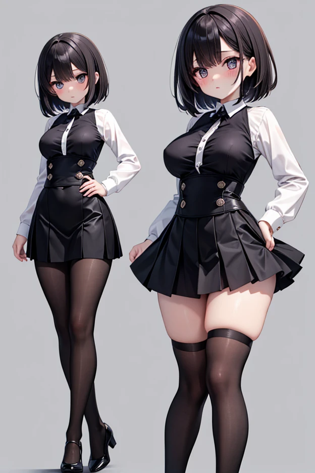 masterpiece, wensday addams, braids, petite, (opll:1.2), shortstack, full body, standing, (huge breasts:1.0), (pantyhose, gothic schoolgirl 1.1), blunt bangs, short hair, seriouackground, wensday addams, sexy