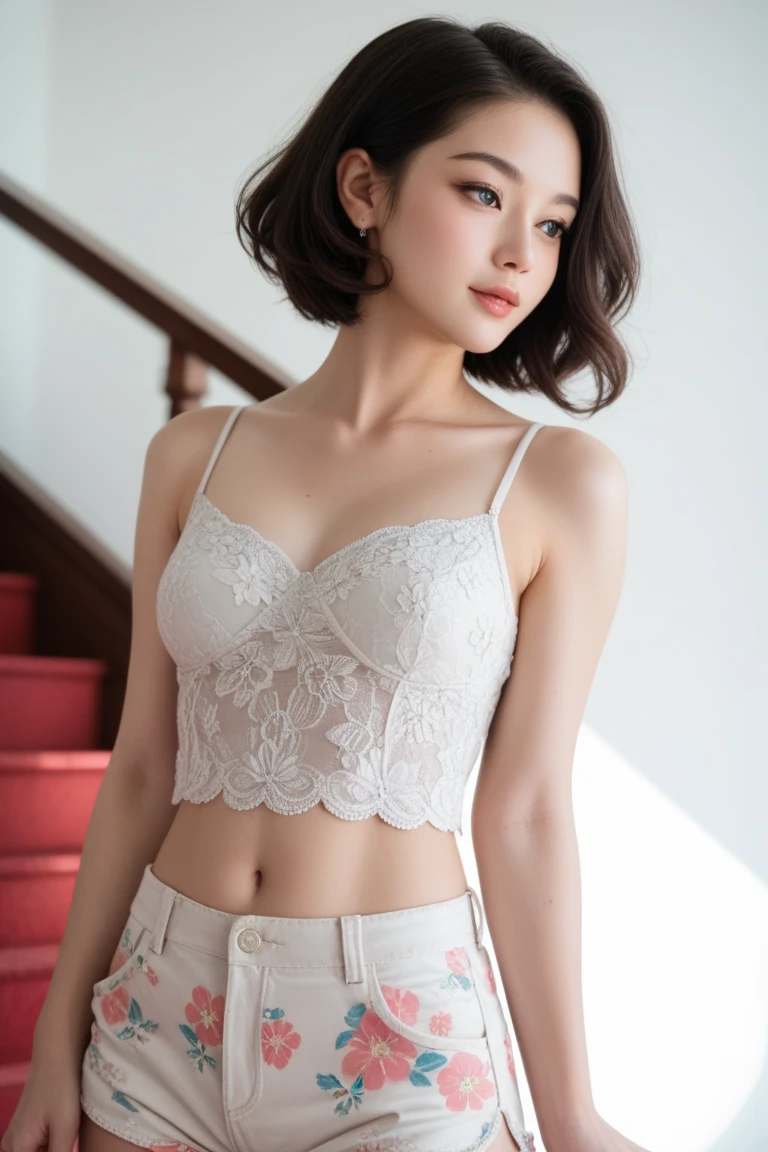 8k, Ultra-high resolution, highest quality, masterpiece, Rule of thirds photography,Surreal, photograph, 1 girl, (16 years old:1.3), pretty girl, Cute Face, 細部までbeautiful目, 細かくdetailedに,masterpiece,, One Girl:1.2, Japan Female Announcer,8K portrait of a young girl with short hair and tanned skin, White lace underwear, Exposed breasts, Flat Chest, See through生地, elegant, 非常にdetailedな, Majestic, デジタルphotograph, Surrealレアリズム絵画, Semi-dress, beautiful (Tabletop, Side lighting, 細かく描かれたbeautiful目: 1.2),Bob Cut Hair, Dynamic pose,Sexy pose、See through ,Bold Pose,Looking at the audience、beauty,Long neck、Laugh a little、Please close your mouth and laugh、(((Ideal body type))),A cup small breasts :2,whole body、Perfect Anatomy、鮮明なdetailed、detailed、Surreal、Light and shadow,Strong light