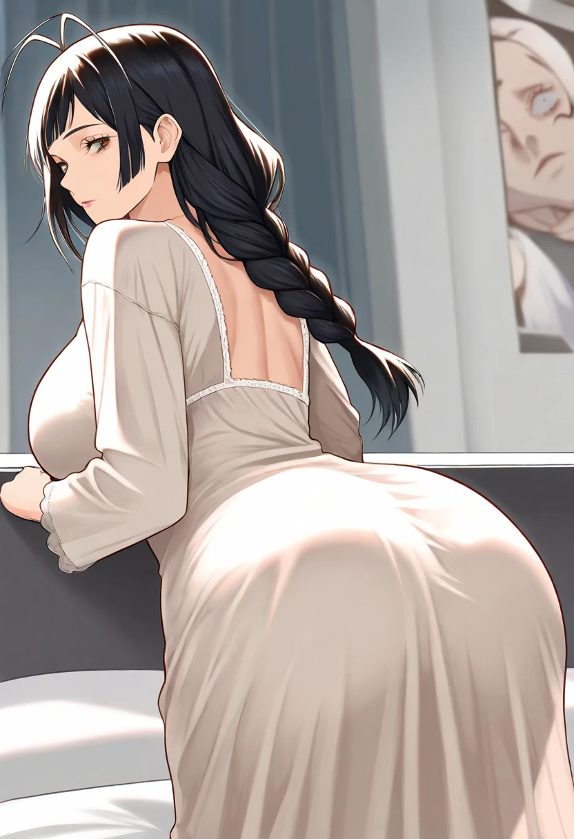 1milf & 1male , together ,sexom behind, doggy large_breaststanding, sack bra , masterpiece, best quality, detailed face, detailed eyes, highres,score_9, score_8_up, score_7_up, score_6_up, 1girl, , mature female, black hair, air, black bra, black panties, seductive smile, balconyng, bent over, looking back, from behind, teasing, (covered in semen:1.4), (pussy:1.4) , (humiliated:1.