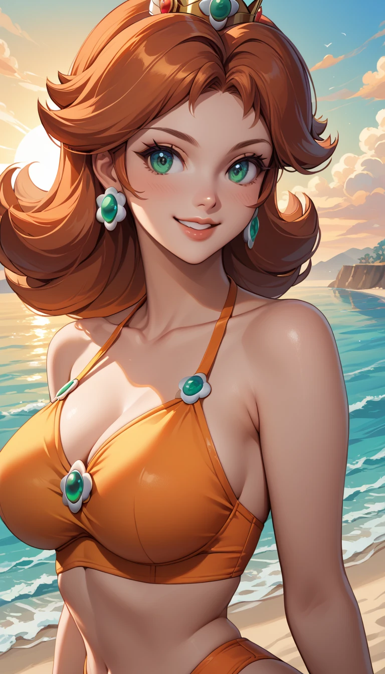 ((masterpiece)), ((best quality)), (detailed), perfect, solo, daisy, gorgeous woman with orange bikini, luscious lips, long hair, huge breast, deep cleavage, huge breasts, sexy, lying down