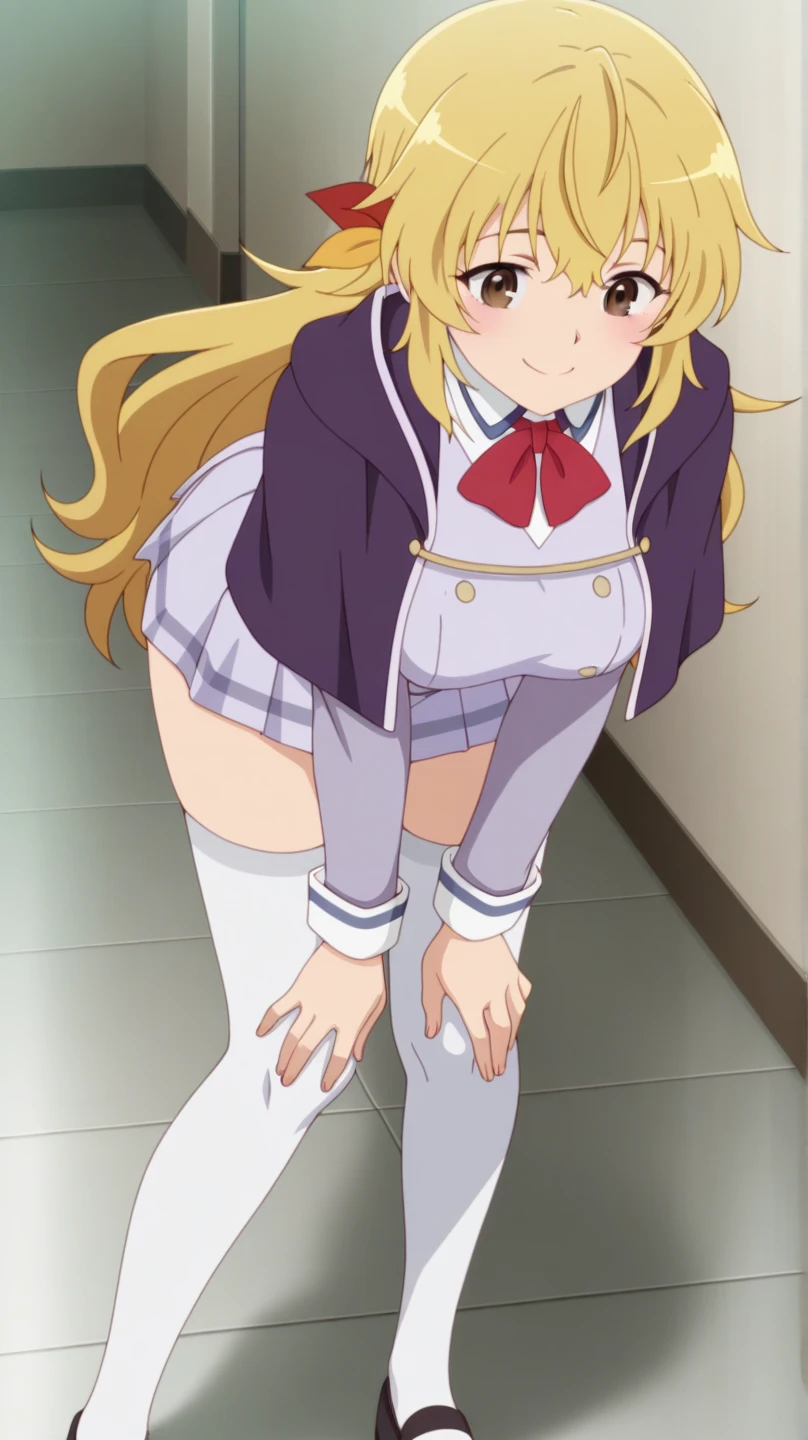 masterpiece, high quality, 1girl, gyaru, blonde hair, pink eyes, school uniform, ankle high socks, teasing, spread not too thick legs, blush across cheeks and nose, perky small boobs, tight white panties, open legs, one up, one to the side, sitting on school desk next to window, Tokyo cityscape, fetal position, showing off, cameltoe, star in left eye