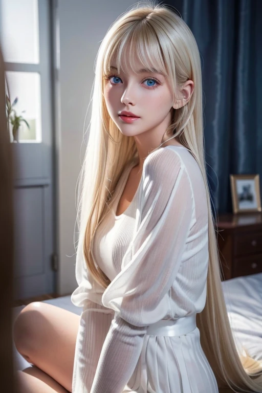 playing piano.silky shiny skin、22 year old cute sexy little beautiful face、Hair glows in front of a cute face、long silky bangs covering the eyes、pale light blue eyes、Young woman super long blonde shiny golden bright straight hair、with round face、Small face beauty、big eye、bright expression、The dress、Even big in clothes