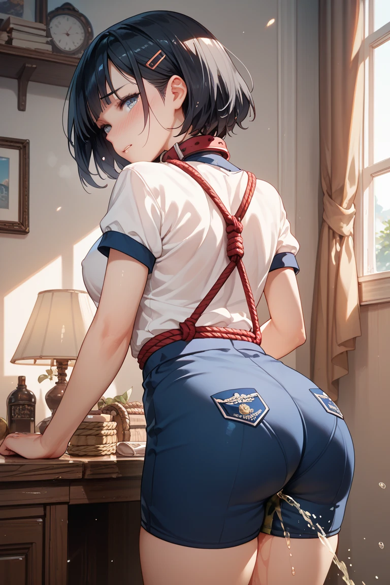 Girl in skirt showing striped thong seen from below