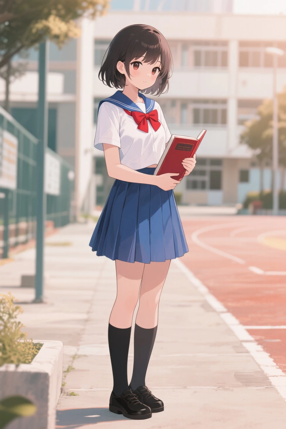 crouching down,(child),(masterpiece,Highest Quality),Light Grape Pleated Mini Skirt,White rucksack,shortsleeves,A dark-haired,Summer Classroom,The wind is blowing,by lake