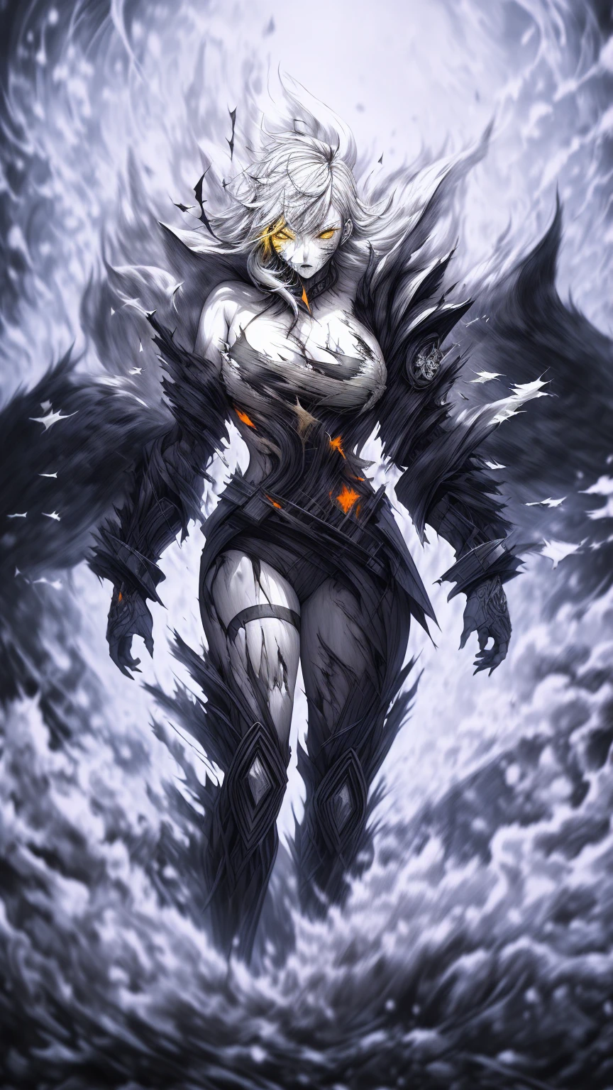 Loona from Helluva Boss, female wolf, anthro, mature adult, white hair, grey eyes, tall, muscular, dark angel, torture and violence angel, chains, blindfolded, smile, covered in blood, standing, detailed, solo, beautiful, high quality, 4K