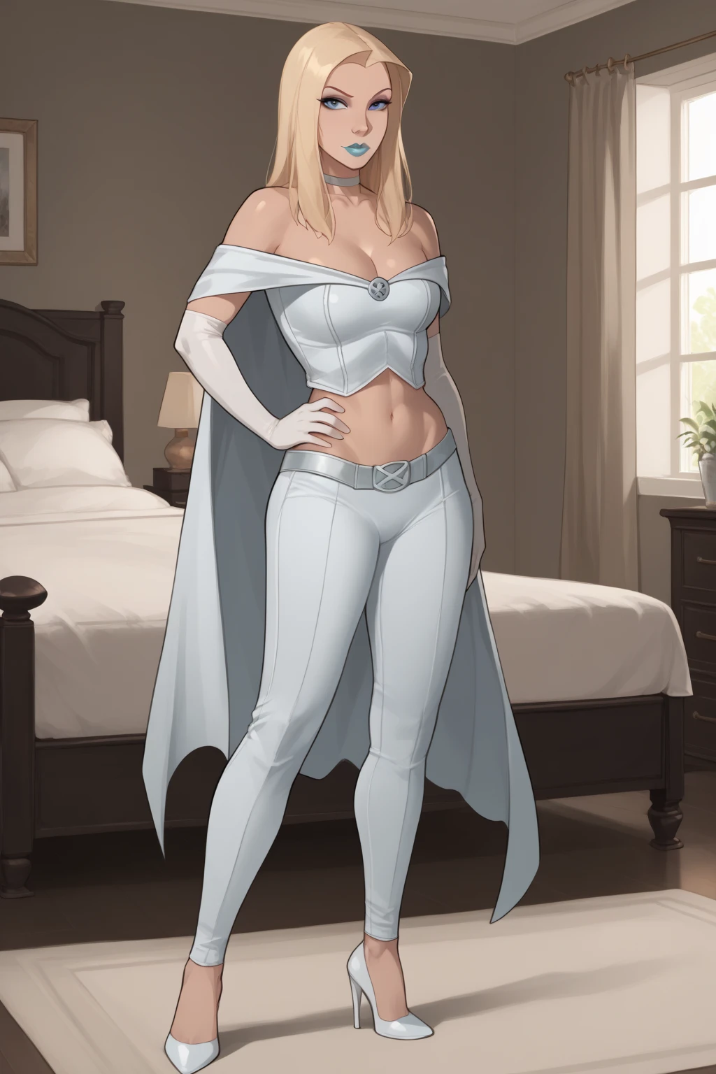 <lora:RLE:.6>, RLE, 1girl, solo, long hair, breasts, looking at viewer, blush, blue eyes, blonde hair, large breasts, navel, cleavage, bare shoulders, standing, collarbone, choker, midriff, pants, indoors, off shoulder, crop top, bed, makeup, crossed arms, lipstick, white pants, lamp, blue lips, mature female,
