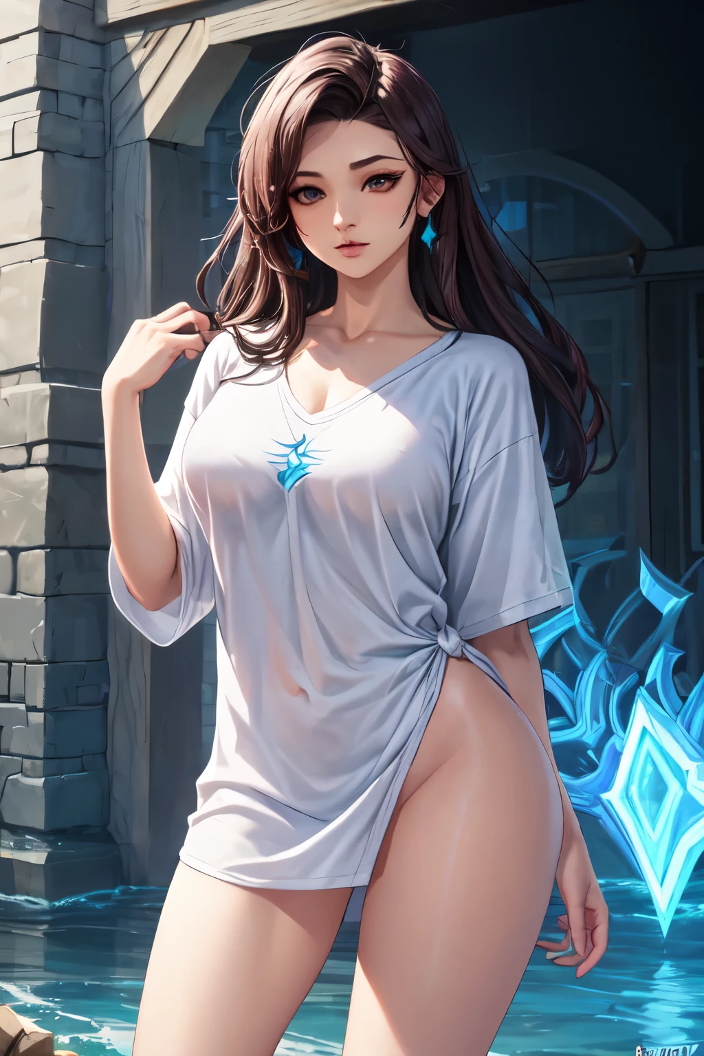 ((best quality)), ((masterpiece)), (detailed), uma mulher, kaisa league of legends, Oversized shirt cabelo longo, corpo perfeito,