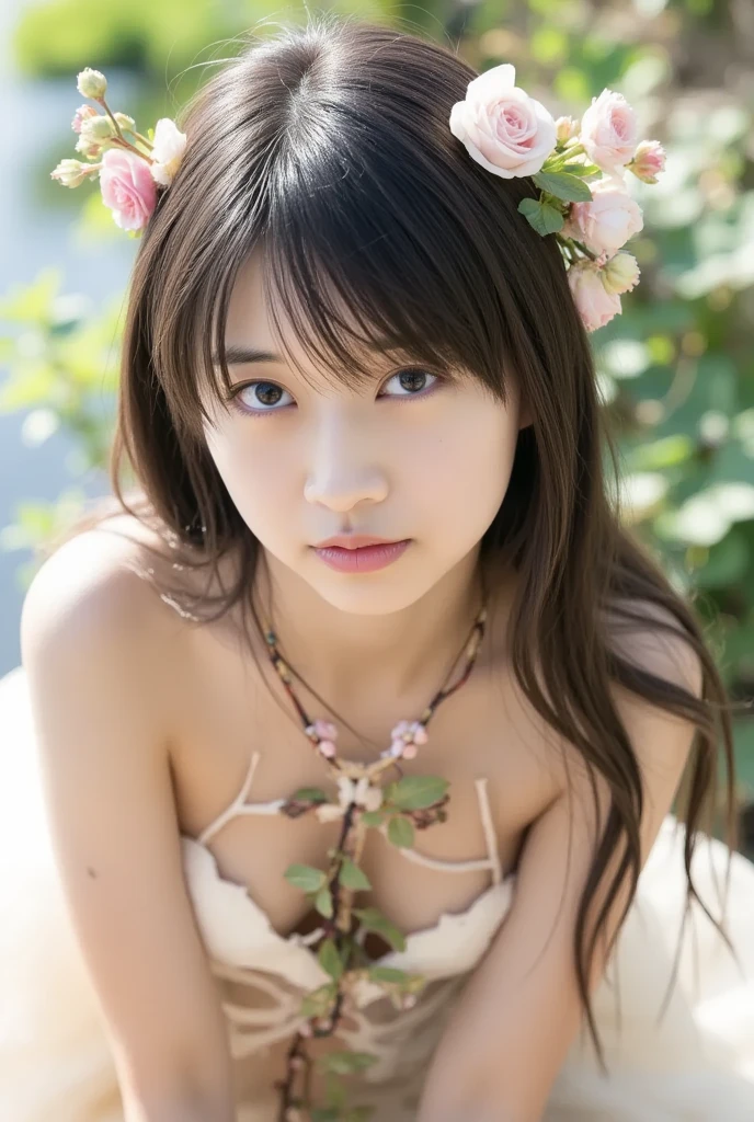 pretty girl: Asian, cute, stunningly beautiful, gorgeous;
Age: 20 years old;
hair: bronze orange color, smooth, shimmering in the sunlight, very detailed;
skin: ivory white, rosy and flawless;
eyes: pure black, ((realistic)), almond shaped, sexy, youthful, clear, super detailed, elegant, seductive, vivid makeup, sharp, ((captivating the viewer) );
eyelids: delicate, perfect beauty;
Eyebrows: arched, sparse, sharp;
face: beautiful, pure, beautiful like a fairy, delicate makeup, lovely, perfectly balanced, beautiful in every detail, delicate features, ((with tattoos));
nose: pretty, lovely, high;
Cheekbones: prominent;
lips: seductive, light red lipstick, lovely lip gloss;
teeth: moon crystal;
breasts: full, deep cleavage, firm, bra-fit, protruding nipples;
bra: bright red, gold embroidery, metallic;
body: plump, attractive, full of youth;
accessories: ruby necklace, ruby earrings;
shirt: silk fabric, red, white silk belt, ((exposed belly));
clothing: tight, (((see-through))), flattering on the chest;
underwear: bright red, ((embroidered with metallic thread)).
Fashion style: high-end women, modern 2024, luxury;
Photo quality: non-NSFW, 8K CG HD, sharp, super beautiful graphics, professional, detailed, vivid colors, super smooth, advanced techniques, super realistic RAW;
lighting: luxurious, front projection, complex, black and gold tones;
sunlight: sparkling, illuminating the girl's body;
Setting: wonderland, colorful flower garden.
(((The photo focuses on the girl's breasts, super realistic, super detailed, highlighting the edges under the bright sunlight))).