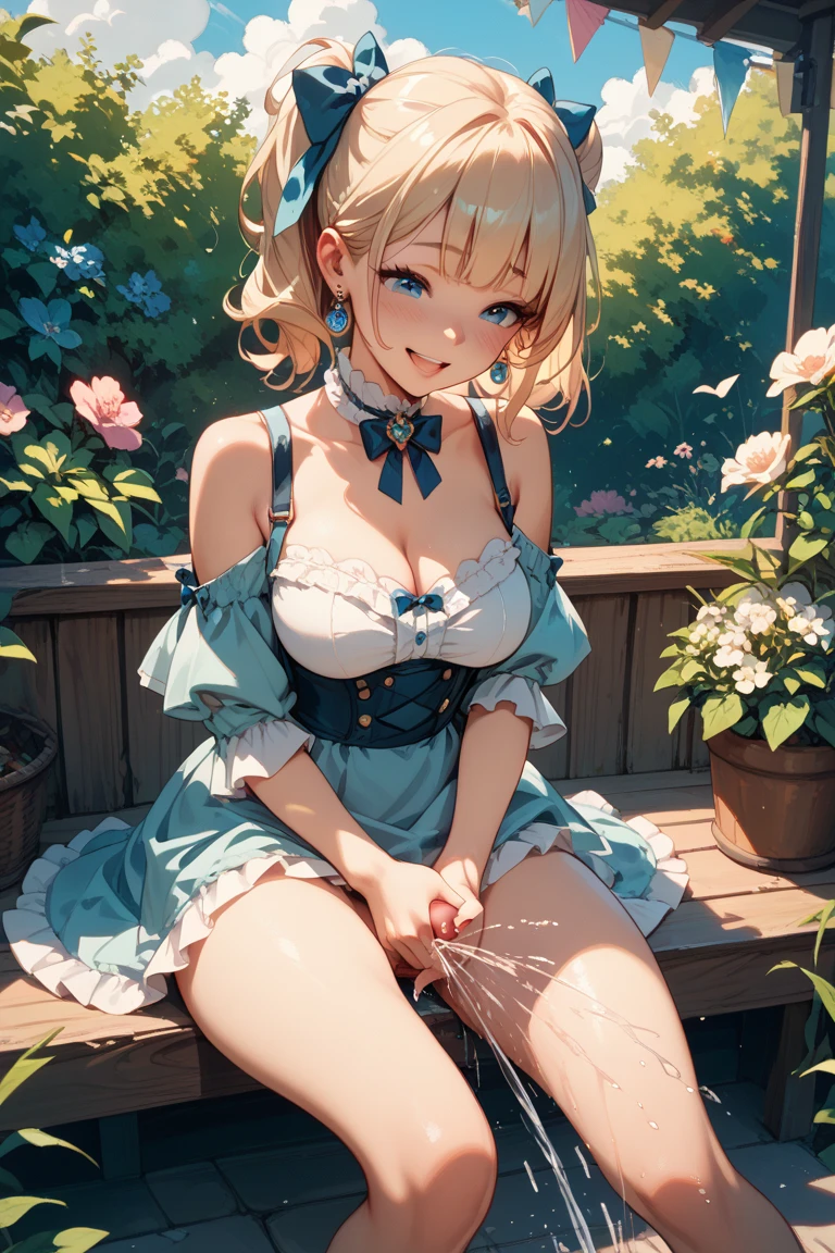 (Best quality, 8k, 32k, Masterpiece, UHD,:1.2),RAW, human, 1girl,ultra cute , ultra cute, natural lighting, transparent shining eyes, 20yo, medium breast ,femur, fair complexion , flushed face, ,Homemade Country Dress,long-sleeved dress in muted colors, Handmade apron for practicality and style, sturdy fabrics like cotton, Happily Smiling, ((sitting with legs outstretched)), on sofa, emerald green, From the front and above, Closeup shot, Cleavage Cutout, blonde ponytail, arms between legs, emphasizing the Cleavage, breast shot, heart, off-shoulder