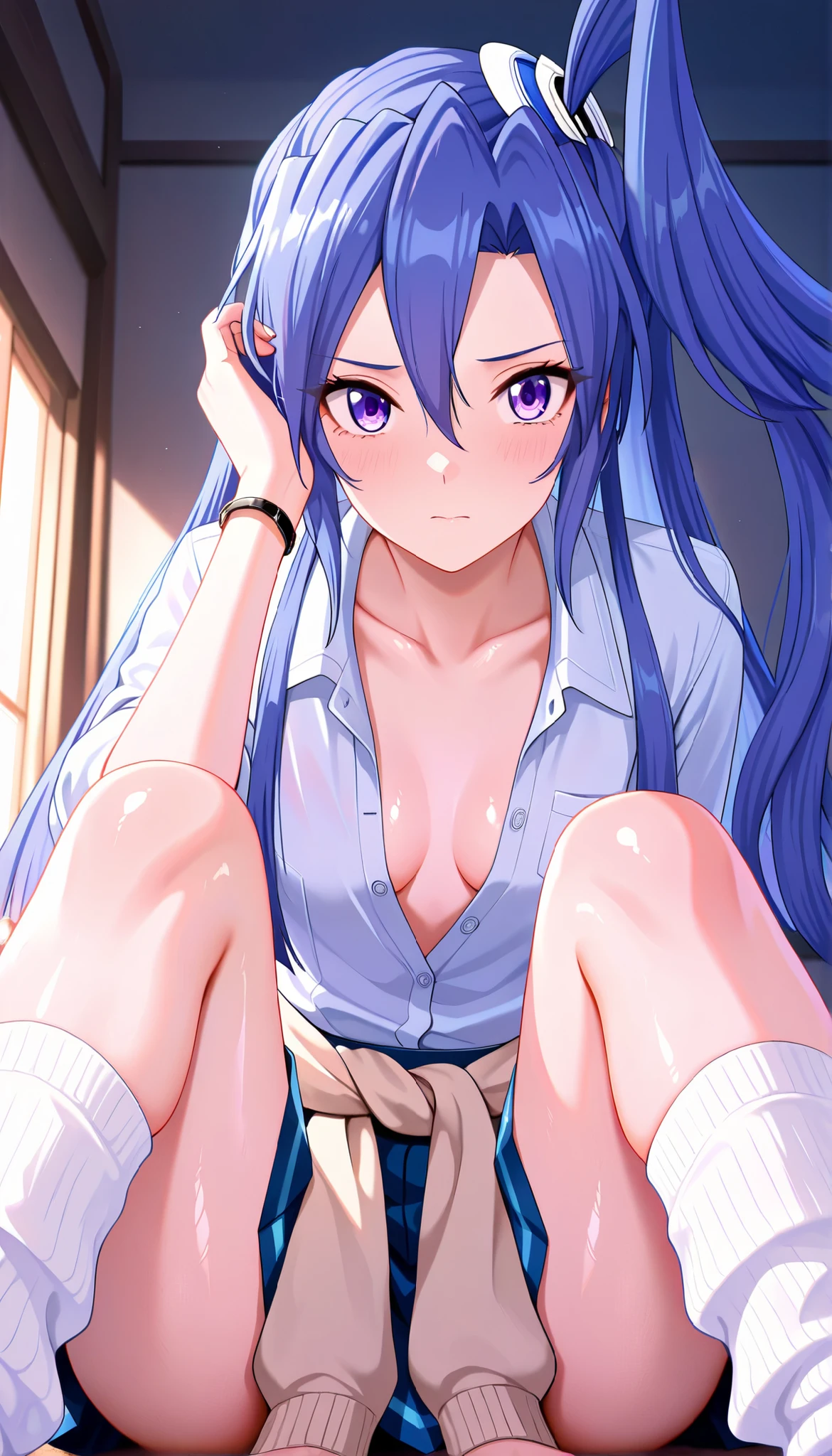 masterpiece, best quality, amazing quality, very aesthetic, absurdres, newest,shiny skin, Kazanari Tsubasa, blue_hair purple eyes, one side up, school Uniforms , white shirtw . wrap a beige cardigan around your waist , cleavage , unbuttoned , white loose socks , piercing , bracelet , hair clips, looking at viewer、upper Body、