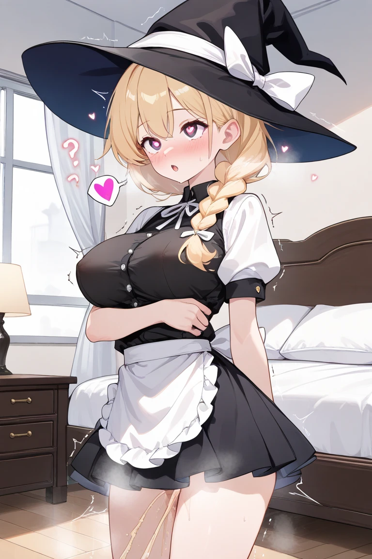girl trembling with sexual climax,(nsfw), (1girl), (omorashi), relax, steam, heart shaped pupils, middle hair, witch, blond hair, peeing, hypnosis, bedroom, single braid, witch hat, white ribbon, black skirt, black shirt, short sleeves, waist apron, white sleeves, large breasts