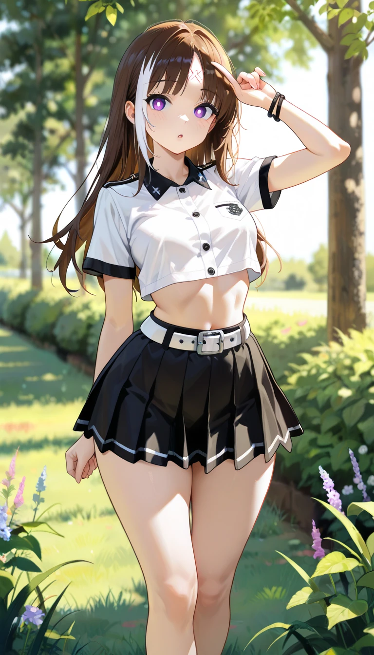 ((best quality)), ((masterpiece)), (detailed), anime girl in school uniform 18 years old in a landscape of a famous school big breasts and cleavage, mini skirt, white panties ((view from below))