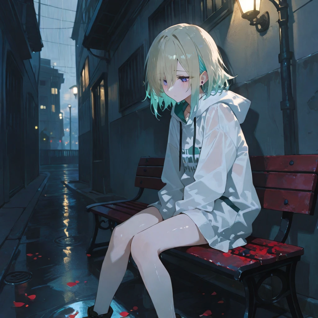 (masterpiece:1.2, highest quality), (real image, intricate details), (night, dark, downpour:1.4) There was no one in the alley, And the surroundings fell silent, Only raindrops falling on the tiled eaves of a nearby low house, Make a faint rustling sound. in the cold rain, (1 girl, wet hooded jacket, sad, tears in my eyes, trembling:1.2) squat on the ground,