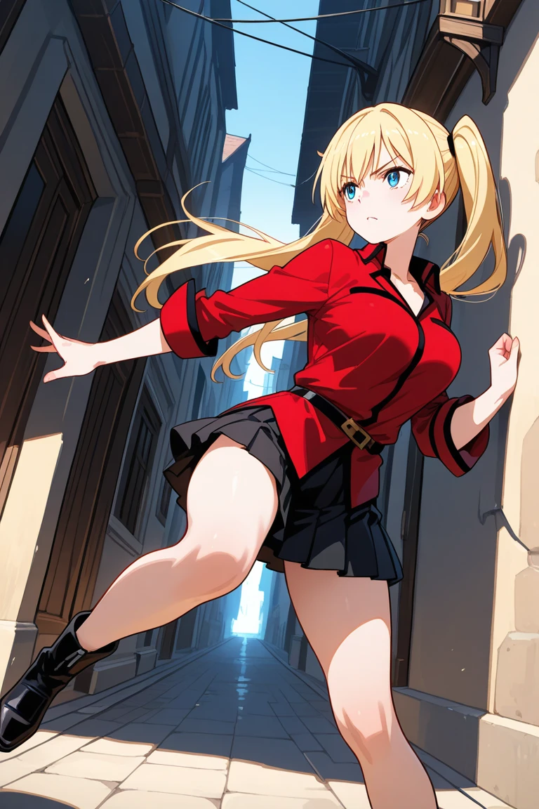A hentai character named nanako von meinsfelt by Fan no hitori uploaded to Nhentai.net. Who is a blonde hair twintail ojou-sama. Wearing a black school uniform with a red cravat with a white cross on it. And plack pantyhose with brown mary jane shoes, a pleated skirt. And holding a giant mace with stunning blue eyes and large breasts.