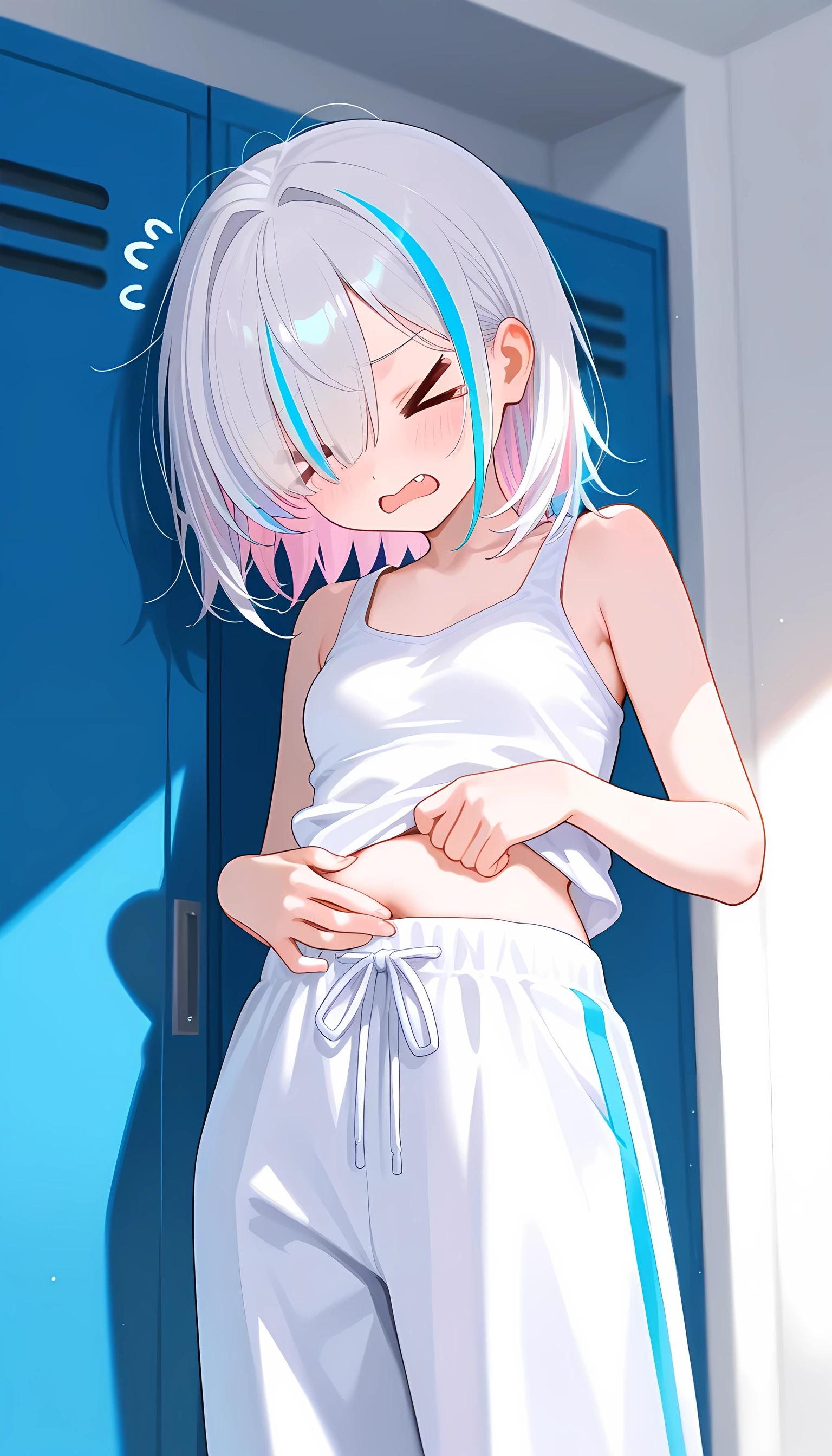 girl, white camisole, silver hair, {{{masterpiece}}}, {{{best quality}}}, (erectile nipples), ((trembling)), (((vulgarity))), (five finger), spread vagina