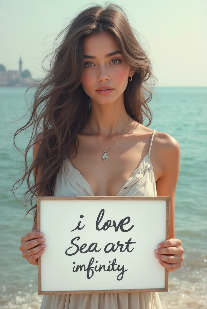 Beautiful girl with wavy long hair, bohemian dress, holding a white board with text "I Love Seaart Infinity" and showing it to the viewer