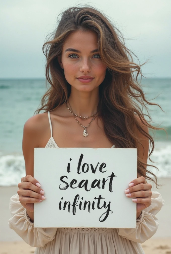 Beautiful girl with wavy long hair, bohemian dress, holding a white board with text "I Love Seaart Infinity" and showing it to the viewer