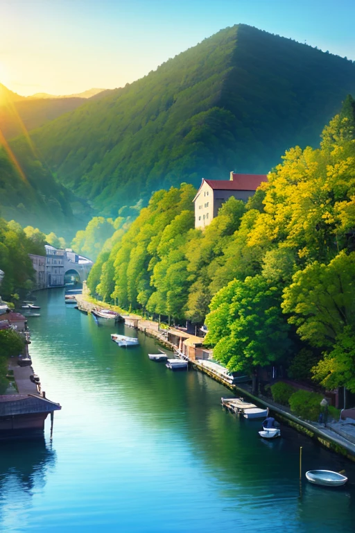 , a small riverside village,The background is mountains,Flowers bloom,vibrant with colors,Detailed scenery,Beautiful natural landscape,Ambiance Lighting,Scorching sunset,a warm color palette,utility,utility摄影,Delicate leaves,Complex architecture , cobblestone streets , charming country cottages , swirling bright colors, dense vegetation ,Still water reflections,picturesque,Leisure and tranquility,artwork of a,Best quality,8k,Extremely detailed,anime style