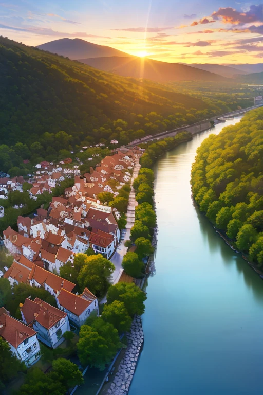 , a small riverside village,The background is mountains,Flowers bloom,vibrant with colors,Detailed scenery,Beautiful natural landscape,Ambiance Lighting,Scorching sunset,a warm color palette,utility,utility摄影,Delicate leaves,Complex architecture , cobblestone streets , charming country cottages , swirling bright colors, dense vegetation ,Still water reflections,picturesque,Leisure and tranquility,artwork of a,Best quality,8k,Extremely detailed,anime style