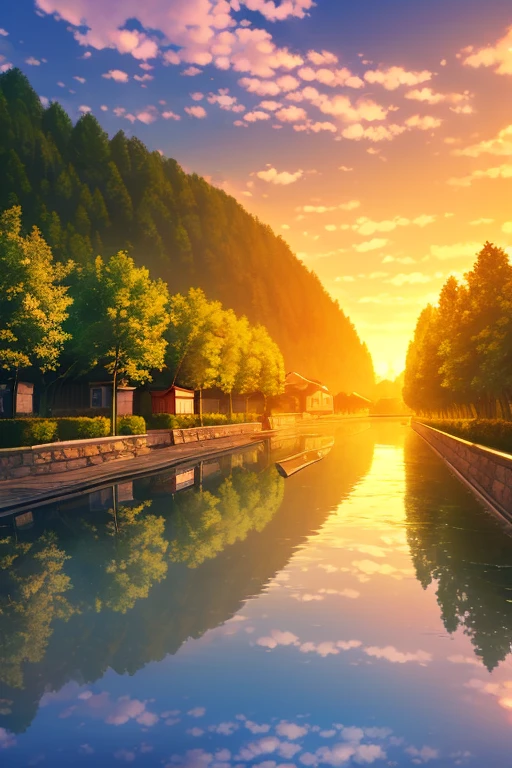 , a small riverside village,The background is mountains,Flowers bloom,vibrant with colors,Detailed scenery,Beautiful natural landscape,Ambiance Lighting,Scorching sunset,a warm color palette,utility,utility摄影,Delicate leaves,Complex architecture , cobblestone streets , charming country cottages , swirling bright colors, dense vegetation ,Still water reflections,picturesque,Leisure and tranquility,artwork of a,Best quality,8k,Extremely detailed,anime style