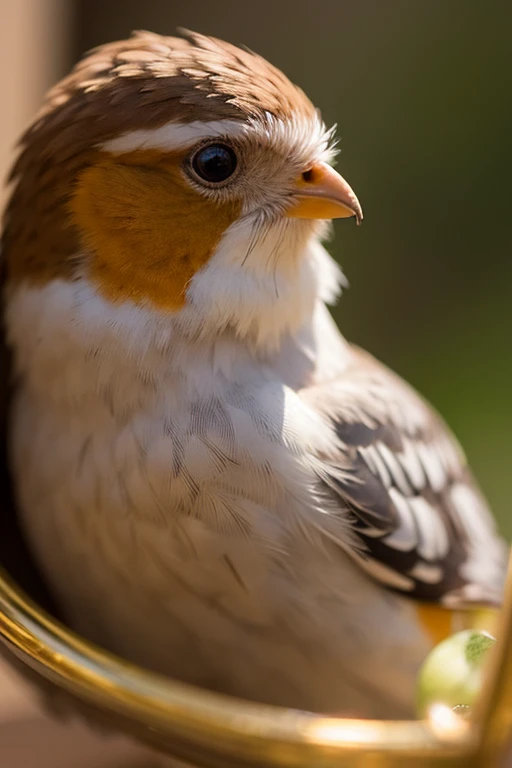illuminate, A charming close-up portrait , showing a beautiful bird ,A quiet morning , with a soft golden glow shining , a bokeh ball gently framing its petite body