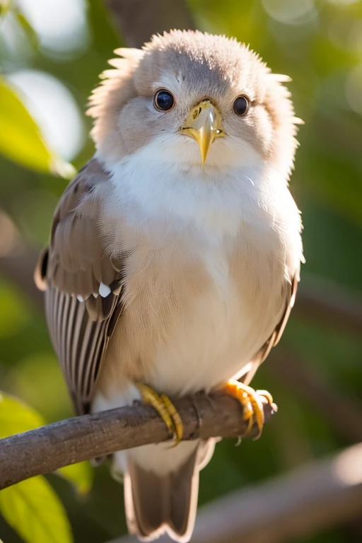 illuminate, illuminate, A charming close-up portrait , showing a beautiful bird ,A quiet morning , A soft golden light shines , A soft bokeh ball gently surrounds its petite body