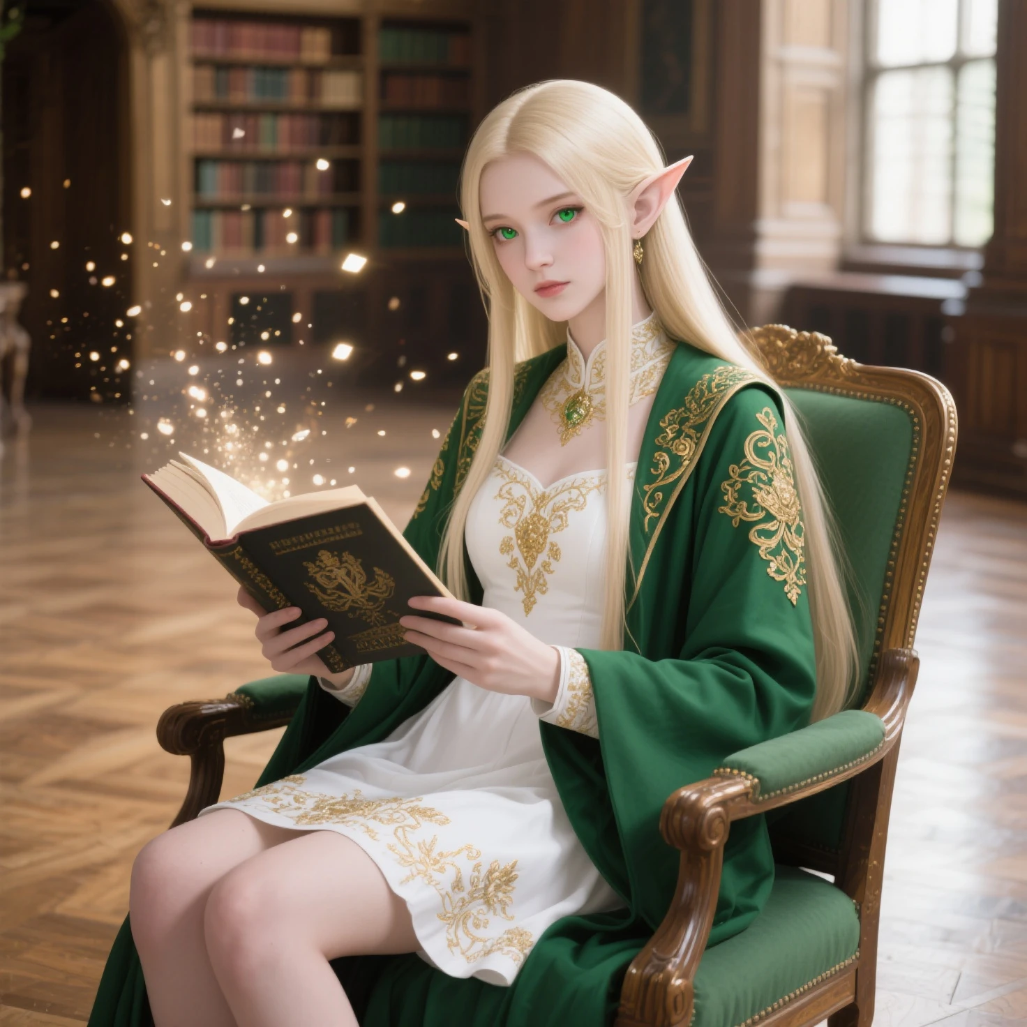 (((masterpiece, Highest Quality , HD, High detail )))), Youn, ((fanciful)))), (elf woman)))), (Short white dress embroidered with gold embroidery), (Long straight blonde hair), (shiny dark green eyes), (Green coat with gold embroidery), bigger, (((Royal National Library)), (Lots of space,There are a lot of books)), sitting in chair reading a book , Flying light particles