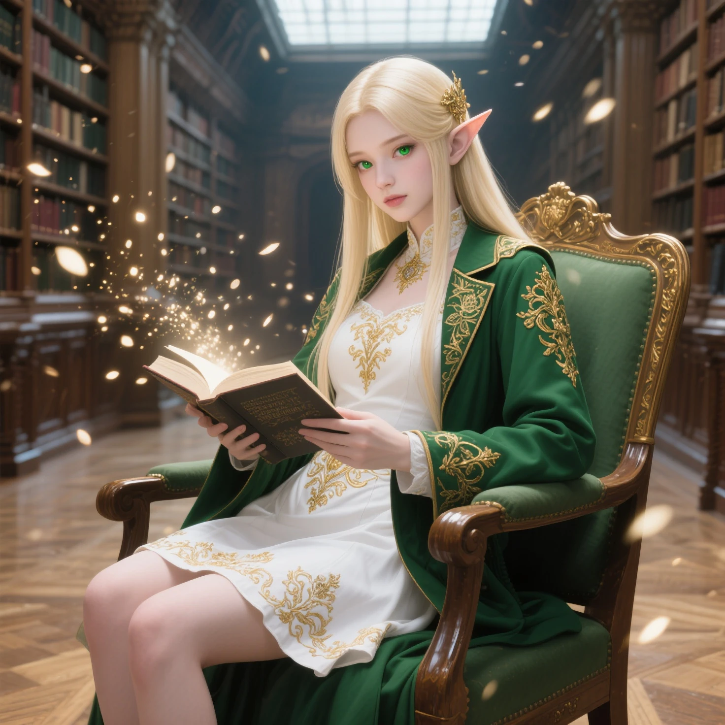 (((masterpiece, Highest Quality , HD, High detail )))), Youn, ((fanciful)))), (elf woman)))), (Short white dress embroidered with gold embroidery), (Long straight blonde hair), (shiny dark green eyes), (Green coat with gold embroidery), bigger, (((Royal National Library)), (Lots of space,There are a lot of books)), sitting in chair reading a book , Flying light particles