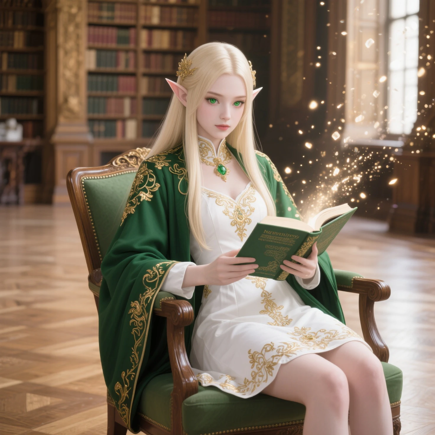 (((masterpiece, Highest Quality , HD, High detail )))), Youn, ((fanciful)))), (elf woman)))), (Short white dress embroidered with gold embroidery), (Long straight blonde hair), (shiny dark green eyes), (Green coat with gold embroidery), bigger, (((Royal National Library)), (Lots of space,There are a lot of books)), sitting in chair reading a book , Flying light particles