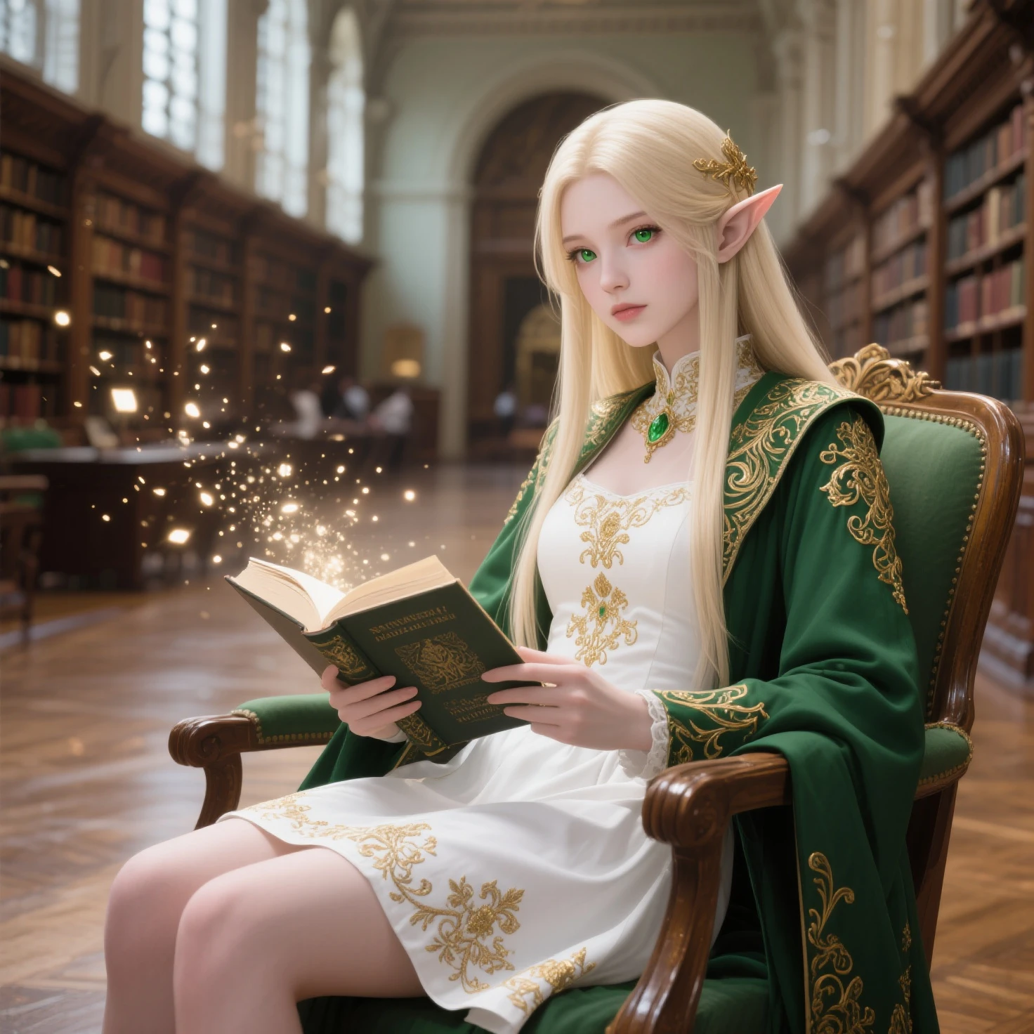 (((masterpiece,  Highest Quality , HD, High detail )))), Youn, ((fanciful)))), (elf woman)))), (Short white dress embroidered with gold embroidery), (Long straight blonde hair), (shiny dark green eyes), (Green coat with gold embroidery), bigger, (((Royal National Library)), (Lots of space，There are a lot of books)), sitting in chair reading a book , Flying light particles