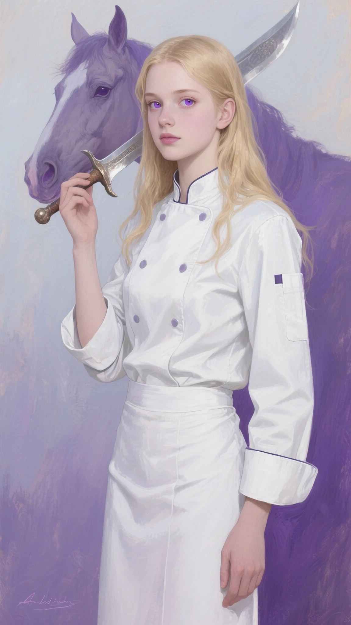 high resolution, masterpiece, I acknowledge Alina , Halberd-Eating Horse, blondes, alone, 1girl, lovely, Meticulous eyes , long hair, Purple eye, Chef's suit, White jacket, White pants