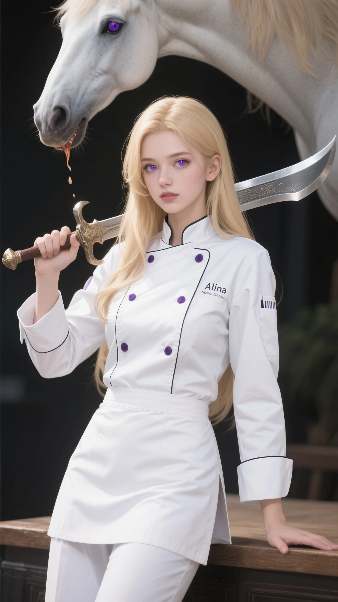 high resolution, masterpiece, I acknowledge Alina , Halberd-Eating Horse, blondes, alone, 1girl, lovely, Meticulous eyes , long hair, Purple eye, Chef's suit, White jacket, White pants