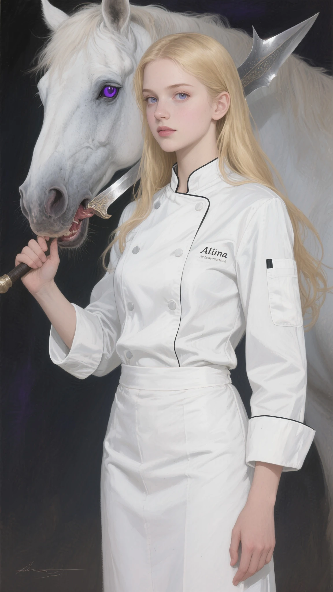 high resolution, masterpiece,  I acknowledge Alina , Halberd-Eating Horse, blondes, alone, 1girl, lovely, Meticulous eyes ,  long hair, Purple eye, Chef's suit, White jacket, White pants