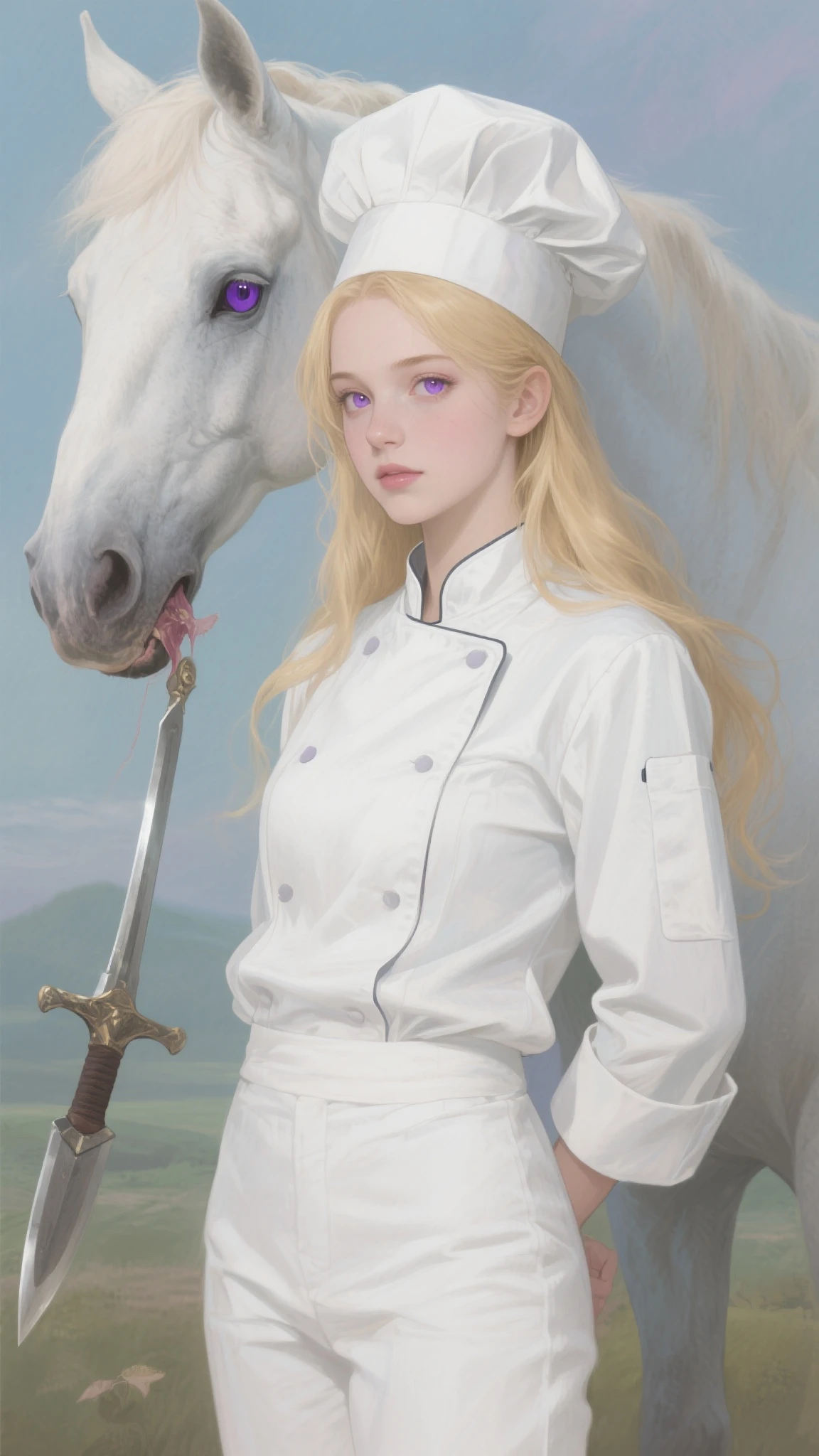 high resolution, masterpiece, I acknowledge Alina , Halberd-Eating Horse, blondes, alone, 1girl, lovely, Meticulous eyes , long hair, Purple eye, Chef's suit, White jacket, White pants