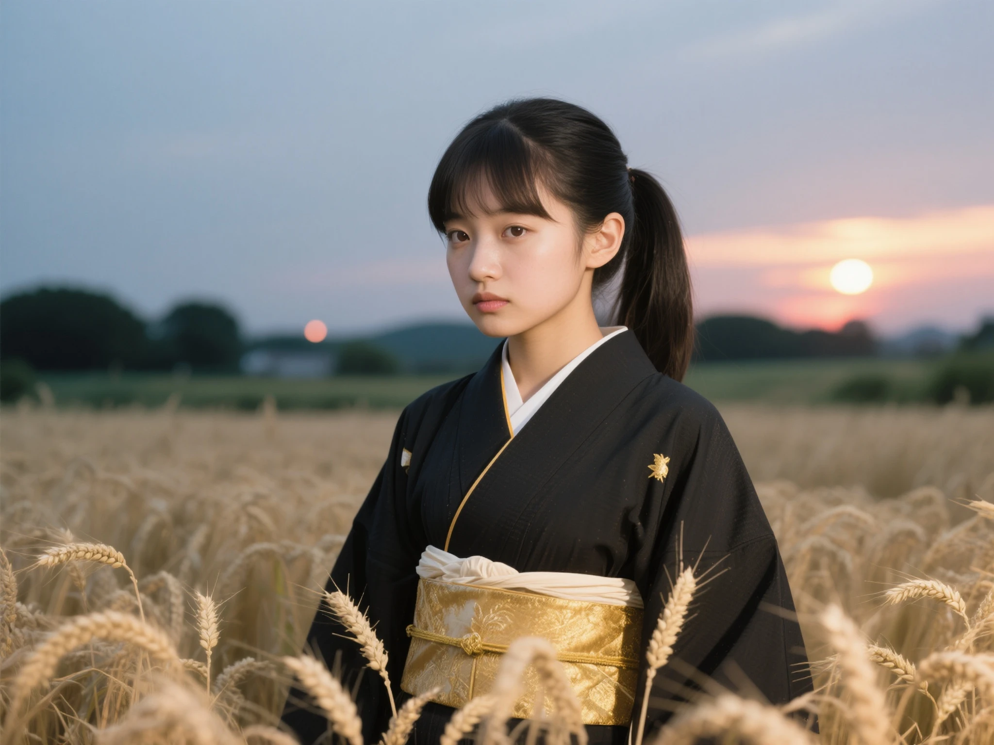 A girl dressed in a kimono、An expressionless girl standing waist-deep in a wheat field, in a black kimono with a gold rim, Her hair is in a ponytail, The eyes, The sunset is reflected in her eyes, The light shines on her face, half of her body facing the camera