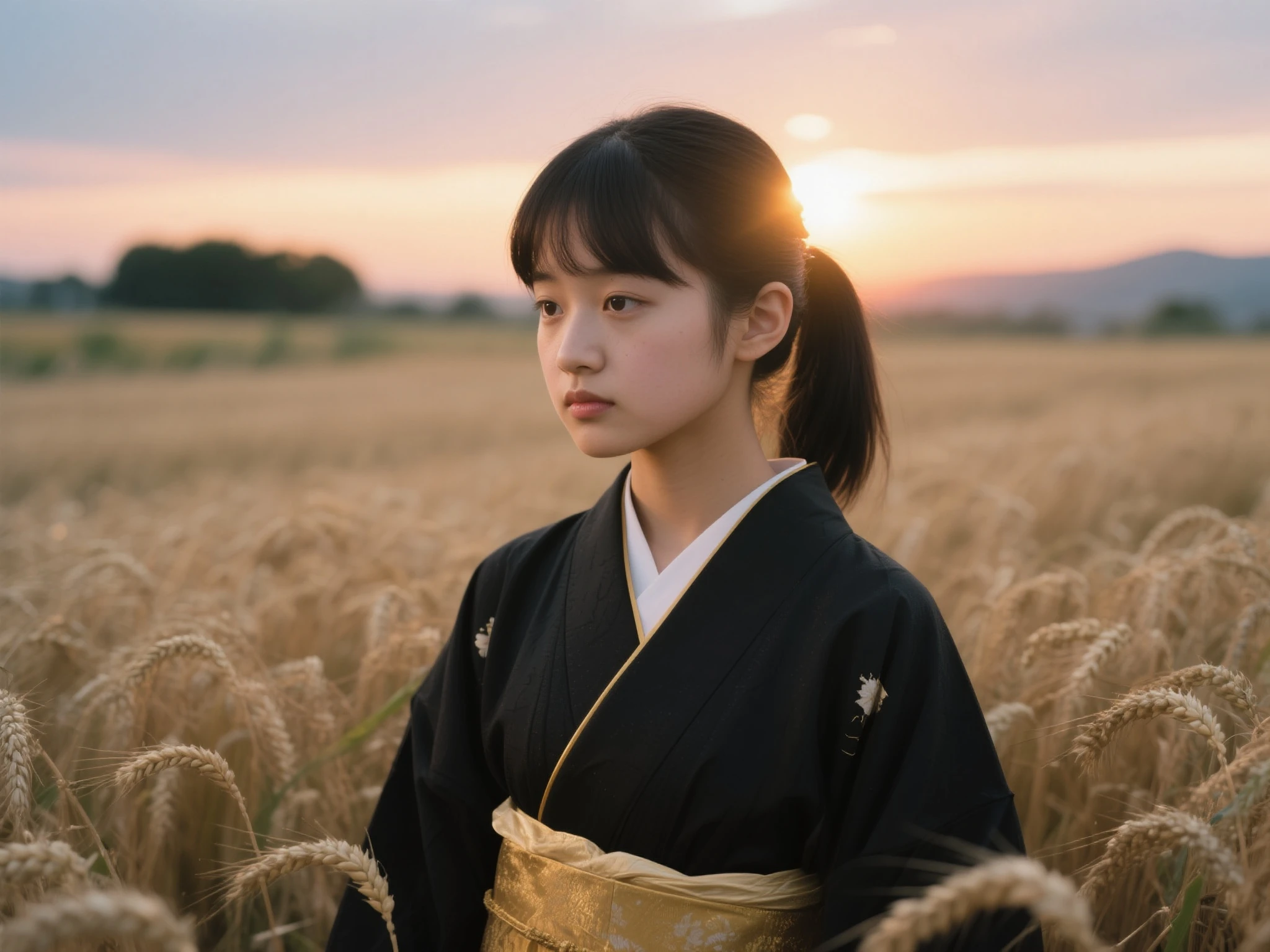 A girl dressed in a kimono、An expressionless girl standing waist-deep in a wheat field, in a black kimono with a gold rim, Her hair is in a ponytail, The eyes, The sunset is reflected in her eyes, The light shines on her face, half of her body facing the camera